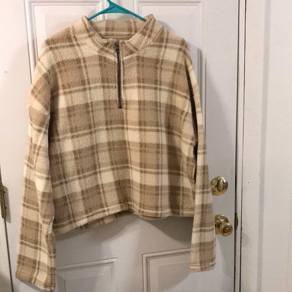 Plaid Cream Sherpa Zip Pullover